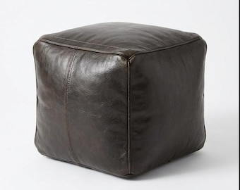 Black Leather Cube Pouf, Handcrafted Ottoman, Unfilled Floor Seating