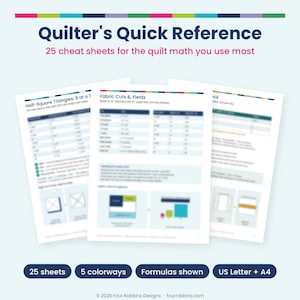 以下が含まれることがあります： Quilter's Quick Referenceと題された25枚の参照シートセット。キルト計算のチートシート、生地の裁断表、図解が含まれています。各ページには、キルトプロジェクト用の表、数式、イラストが記載されており、USレターサイズとA4サイズに対応しています。