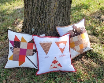 May include: Three decorative throw pillows with patchwork designs and white backgrounds. One pillow features a starburst pattern, another has pie slice shapes with the words "pecan", "pumpkin", and "cherry", and the third has a patchwork acorn shape.