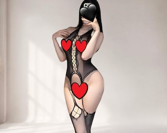 Body de rede preto: Lingerie com liga de renda feita à mão, tamanho único
