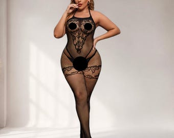 Czarne koronkowe bodystocking z siateczki, ręcznie robiona bielizna jednoczęściowa typu halter, rozmiar uniwersalny