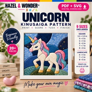 May include: A digital download pattern for a Kinusaiga unicorn craft project by Hazel & Wonder. The image features a framed unicorn art piece with blue, pink, and cream fabric textures, including text detailing 9 sizes from 8.9 to 20.3 cm.