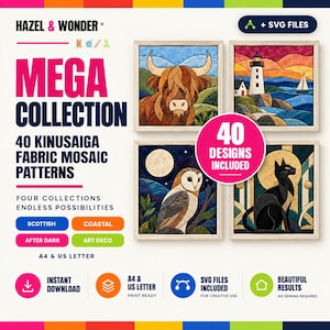 以下が含まれることがあります： Hazel & Wonderによる40種類の木目込み風ファブリックモザイクパターンのデジタルコレクション。スコットランド、海岸、夜、アールデコの4つのテーマで構成されています。SVGファイル、A4およびUSレターサイズの印刷用データが含まれ、ハイランドキャトル、灯台、フクロウ、猫のデザインが特徴です。
