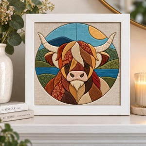 Peut inclure: Une œuvre d'art murale encadrée carrée présentant un collage circulaire en tissu représentant une vache Highland. La vache est composée de divers morceaux de tissu à motifs marron, beige et rouge avec deux yeux en boutons noirs. Le fond montre un ciel bleu, un soleil jaune, des collines vertes et une rivière bleue.