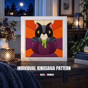 Halloween Kat in Ketel Kinusaiga Patroon, Stoffen Kunst Zonder Naaien PDF + SVG