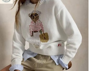 Polo Ralph Lauren Bear Sweater, White Knit Crewneck, Preppy Streetwear