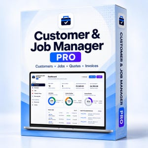 May include: A software product box for Customer & Job Manager PRO featuring a blue and white design. The box displays a dashboard interface with charts, job status, and financial data, including labels for customers, jobs, quotes, and invoices.