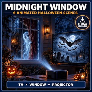 May include: A digital download product titled MIDNIGHT WINDOW 6 ANIMATED HALLOWEEN SCENES featuring a projector displaying a bat-filled graveyard scene on a TV screen, with a ghost visible in a window and glowing jack-o'-lanterns nearby.