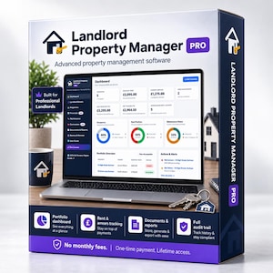 Könnte beinhalten: Eine Produktverpackung für die Software Landlord Property Manager PRO mit einem Laptop, der ein Dashboard mit Finanzdaten, Belegungsraten und Wartungsstatus anzeigt. Die Box enthält Informationen zur Immobilienverwaltung und keine monatlichen Gebühren.