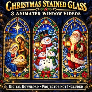 Może przedstawiać: Cyfrowy plik do pobrania zatytułowany CHRISTMAS STAINED GLASS 3 ANIMATED WINDOW VIDEOS z trzema łukowymi panelami. Po lewej scena narodzin, w środku trzy bałwany, a po prawej Święty Mikołaj trzymający latarnię.