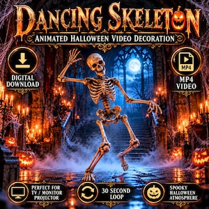Könnte beinhalten: Ein digitaler Download einer animierten Halloween-Videodekoration mit dem Titel DANCING SKELETON. Das MP4-Video zeigt ein tanzendes Skelett in einer dunklen, kerzenerleuchteten Halle mit leuchtenden Kürbissen, einem Vollmond und Nebel.