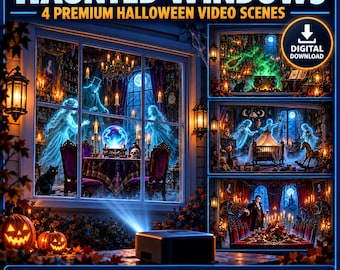 Halloween Window Projection Videos Ghost Witch Vampire 4 MP4 Digital Download