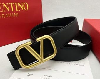 VLogo Signature Calfskin Leather Belt, Designer Style Belt, Gold Tone Buckle, Luxury Women Men Belt, Gift for Him or Her
