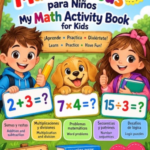 Puede incluir: Un libro de actividades matemáticas bilingüe para niños con un niño, una niña y un cachorro de dibujos animados sosteniendo carteles con ecuaciones. La portada incluye el texto Mi Libro de Matematicas, My Math Activity Book for Kids.