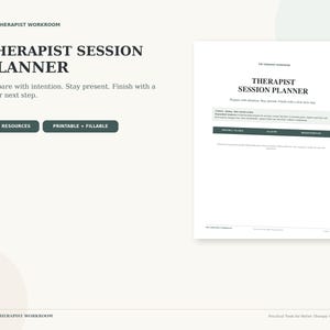 Könnte beinhalten: Ein digitales Planungsdokument für Therapiesitzungen mit dem Text THE THERAPIST WORKROOM, THERAPIST SESSION PLANNER, Prepare with intention. Stay present. Finish with a clear next step. Enthält 26 Ressourcen, druckbar und ausfüllbar.