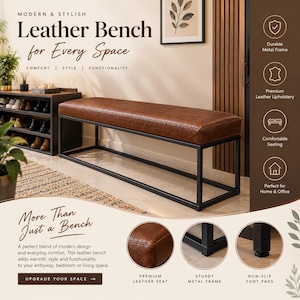 May include: A rectangular bench featuring a brown leather upholstered seat and a black metal frame. The design includes a smooth, padded top surface and a sturdy, open-base structure with four legs, providing a stable foundation for seating.