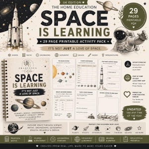 May include: A 29-page printable PDF activity pack titled Space Is Learning, featuring a spiral-bound workbook with space-themed worksheets, including solar system diagrams, rocket science tasks, and mission planning pages with illustrations of planets and astronauts.