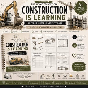 May include: A 31-page printable PDF activity pack titled Construction Is Learning, featuring a spiral-bound cover with a cement truck illustration. The set includes worksheets for construction measurement, bridge building, and budget planning.