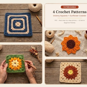 Può includere: Un set di 4 schemi per uncinetto che include quadrati granny e un sottobicchiere a girasole. Il testo recita 4 Crochet Patterns, Granny Squares + Sunflower Coaster, PDF, Real step-by-step photos, US terms, Beginner friendly.