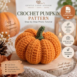 Può includere: Un modello digitale in PDF per uncinetto a forma di zucca, con un tutorial fotografico passo dopo passo. L'immagine mostra una zucca all'uncinetto arancione testurizzata con un gambo verde, insieme a testo che indica tre dimensioni, istruzioni per principianti e un formato di download digitale.