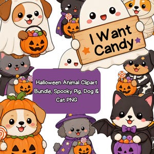 Peut inclure: Une collection d'illustrations d'animaux de dessin animé pour Halloween avec des chiens, des chats et un fantôme tenant un panneau en bois avec l'inscription I Want Candy. Les personnages portent des costumes, citrouilles et capes.