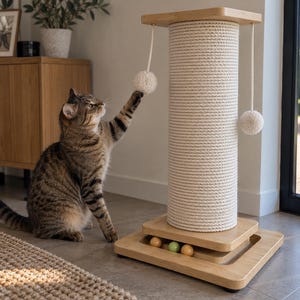 May include: A light-coloured wooden cat scratching post with a thick, cream-coloured rope-wrapped central column. Two cream-coloured pom-pom toys hang from the top platform. The base features a track with three small, colourful rolling balls.