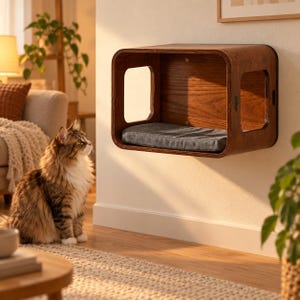 Peut inclure: Un lit pour chat fixé au mur composé d'un cadre en bois rectangulaire aux coins arrondis avec des panneaux latéraux ouverts. L'intérieur de la structure en bois contient un coussin rectangulaire gris foncé plat et amovible.