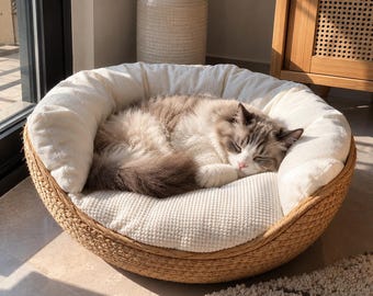 Panier pour chat avec coussin, lit d'intérieur pour chat, lit pour chaton, lit rond pour chat, lit confortable pour animaux, mobilier pour chat, nid pour chat, rotin