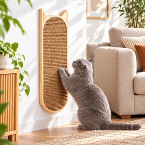 Könnte beinhalten: Ein an der Wand montierter Kratzbaum für Katzen mit einem hellen Holzrahmen, der oben wie Katzenohren geformt ist. Das Mittelteil besteht aus strukturiertem, braunem Sisalmaterial. Eine graue Katze interagiert mit dem Kratzbaum.