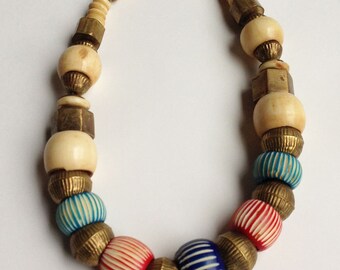 Vintage Chunky Wood and Metal Beads Necklace