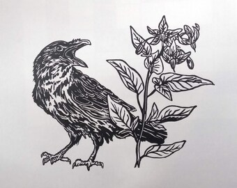 Crow and Common Nightshade - Linocut Art Print Limited Edition