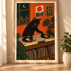 May include: A framed art print featuring a black cat standing at a DJ turntable console. The scene includes a city skyline at night through a window, two wall art pieces, and a wooden cabinet filled with vinyl records under the turntables.