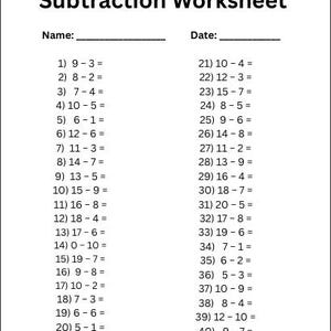 May include: A black and white subtraction worksheet featuring the title Subtraction Worksheet, Name and Date lines, and two columns of forty math problems ranging from 9-3 to 9-7, ending with a Score line at the bottom of the page.