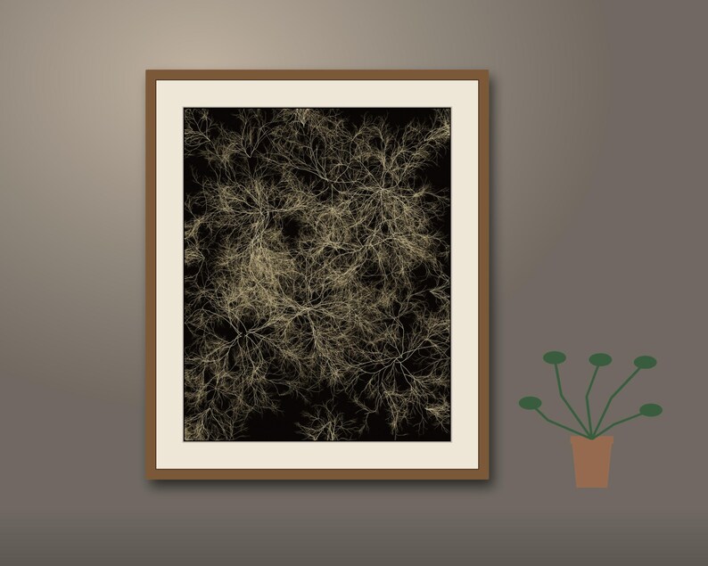 Puede incluir: Una pieza de arte mural enmarcada que presenta un fondo negro con intrincados patrones ramificados de color claro, similares a ra&iacute;ces, que se extienden por toda la superficie. La obra est&aacute; encerrada en un marco marr&oacute;n simple con un borde de paspart&uacute; blanco roto.