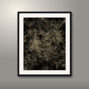Puede incluir: Una impresi&oacute;n de arte mural enmarcada que presenta un fondo negro con intrincados patrones de color beige claro, ramificados y similares a ra&iacute;ces que se extienden por toda la superficie. La obra est&aacute; en un marco negro simple con un borde blanco.