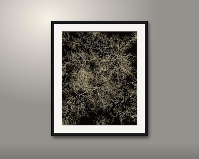 Puede incluir: Una impresi&oacute;n de arte mural enmarcada que presenta un fondo negro con intrincados patrones de color beige claro, ramificados y similares a ra&iacute;ces que se extienden por toda la superficie. La obra est&aacute; en un marco negro simple con un borde blanco.
