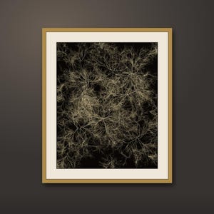 May include: A framed wall art piece featuring a black background with intricate, branching, light gold lines that resemble a network of roots or neural pathways. The artwork is enclosed in a light-colored mat and a thin, metallic gold-toned frame.