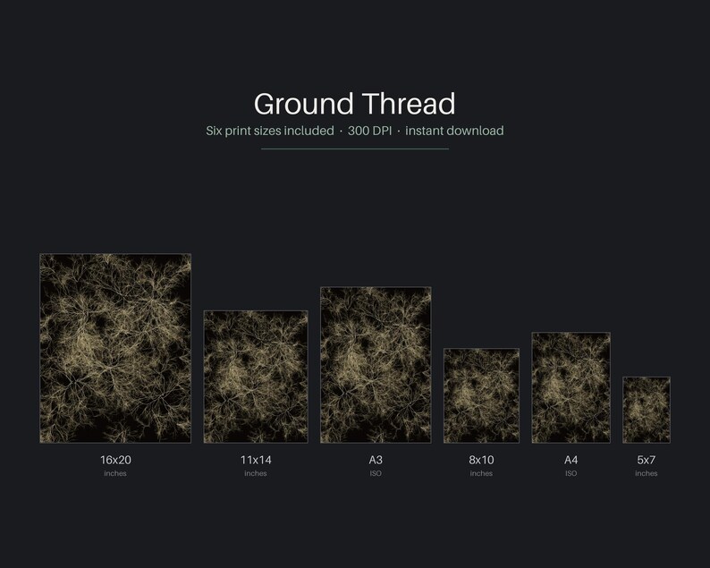 Puede incluir: Una impresi&oacute;n de arte digital titulada Ground Thread que presenta una red compleja y ramificada de color dorado sobre un fondo negro s&oacute;lido. La imagen muestra seis tama&ntilde;os de impresi&oacute;n rectangulares diferentes etiquetados como 16x20, 11x14, A3, 8x10, A4 y 5x7.