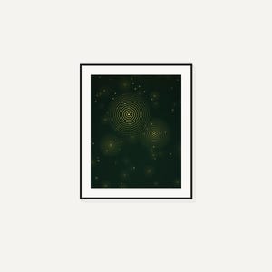 May include: A framed wall art print featuring a dark forest green background with multiple concentric yellow circular patterns of varying sizes. The design includes scattered small yellow dots resembling light particles across the dark surface.