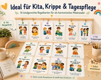 May include: A set of 16 educational rule cards for children, displayed on a wooden rack and arranged on a surface. Each card features a numbered illustration and German text depicting social behaviors like sharing, listening, and cleaning up.