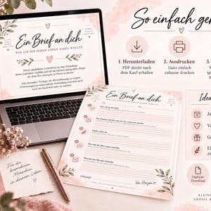 May include: A digital letter template titled Ein Brief an dich displayed on a laptop screen and a printed sheet, featuring pink floral accents, heart icons, and structured lines for writing personal messages, instructions, and occasion suggestions.