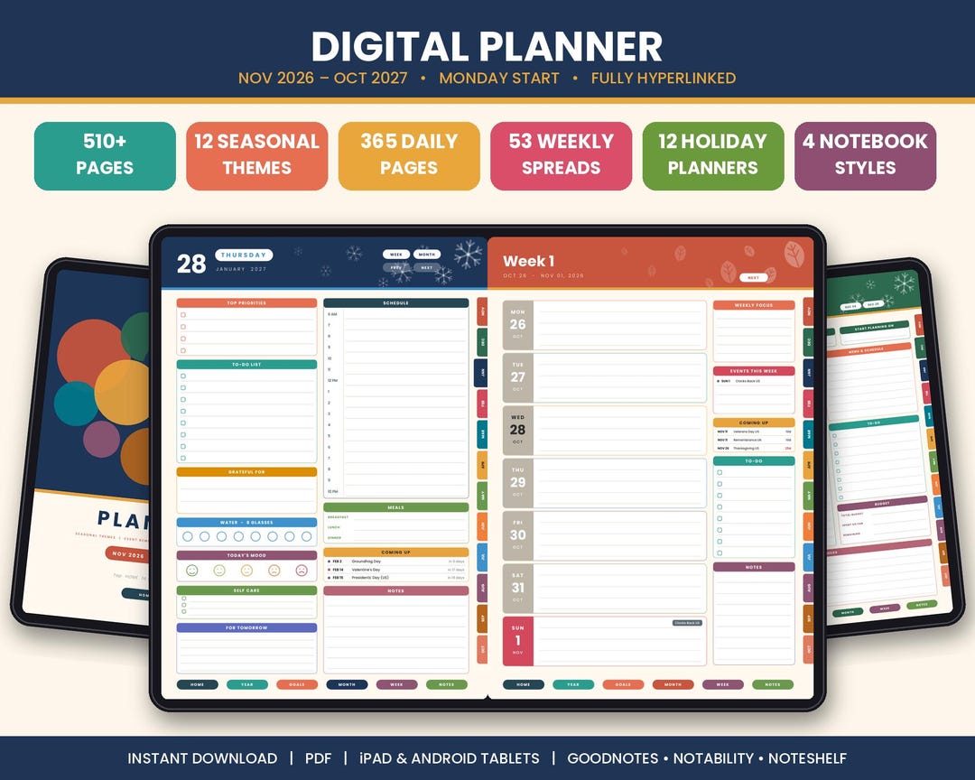 2026-2027 Seasonal Digital Planner, Holiday Events, Goodnotes Daily