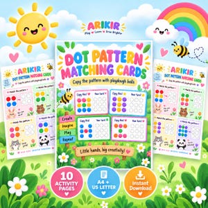 Tarjetas para emparejar patrones de puntos, tapetes imprimibles para plastilina, actividad de combinación de colores para preescolares, desarrollo de la motricidad fina en niños pequeños, descarga digital.