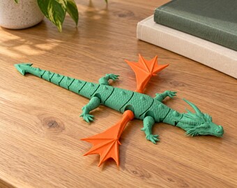 Dragon articulé en couleurs, figurine vert et orange à ailes et pattes mobiles, cadeau fan de dragons