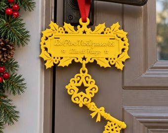 Clé magique du Père Noël imprimée 3D - clé ouvragée et plaque personnalisée aux prénoms, pour maison sans cheminée