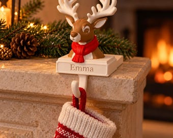 Porte-chaussette de Noël personnalisé, tête de renne en couleurs, socle lesté gravé au prénom