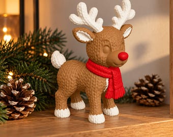 Renne de Noël tricoté en couleurs, figurine aux mailles sculptées, écharpe rouge, décoration de Noël