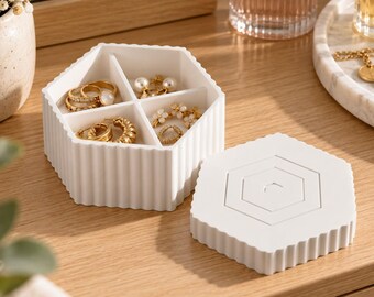 Boîte à bijoux hexagonale cannelée, quatre compartiments, coffret à bagues