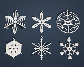 Lot de 6 flocons de neige à suspendre imprimés 3D - six cristaux différents, décoration sapin de Noël et fenêtre