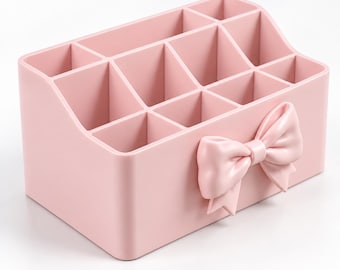 Organiseur de bureau à compartiments avec nœud décoratif — rangement stylos, maquillage, cadeau bureau